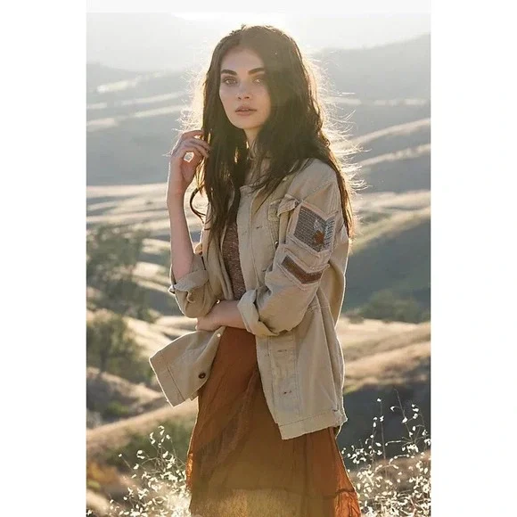 Free People Embellished Military Shirt Jacket Women Sz XS Beige Button Up Boho - Picture 1 of 13